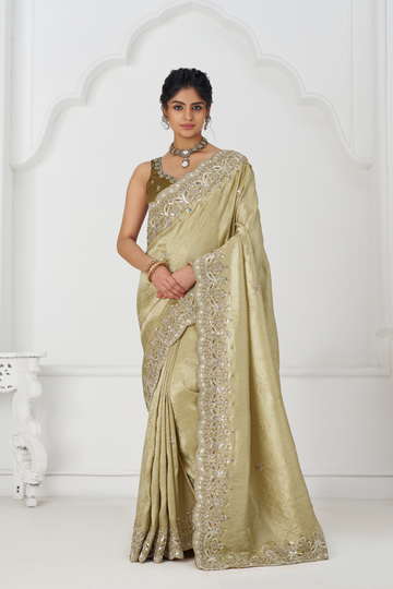 Champagne Color Pure Dola Silk Saree With Sequins And Beads Embroidery For Wedding