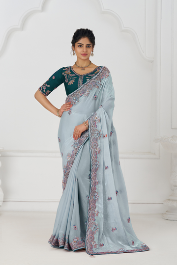 Graceful Grey In Rich Silk Fendi Saree With Zari And Sparkling Sequins