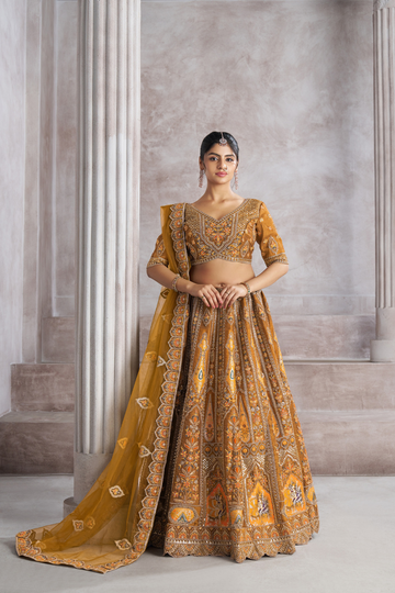 Earthy Mustard Bridal Lehenga with Patch & Aari Work