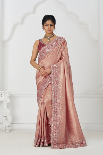 Latest Pink Pure Dola Silk Saree With Sequins And Beads Embroidery For Brides