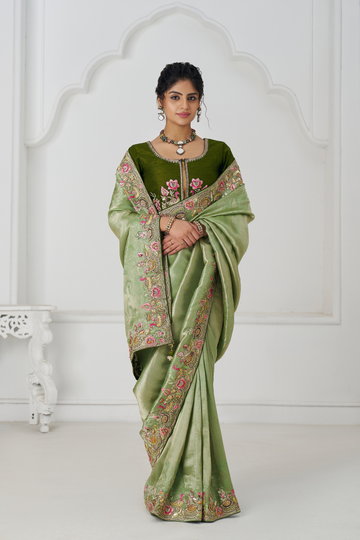 Mehendi Color Saree With Multi-thread And Sequins Embroidery For Wedding