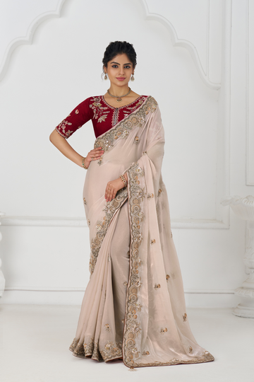 Chiku Color Stunning Fendi Silk Saree With Zari & Sequins Elegance