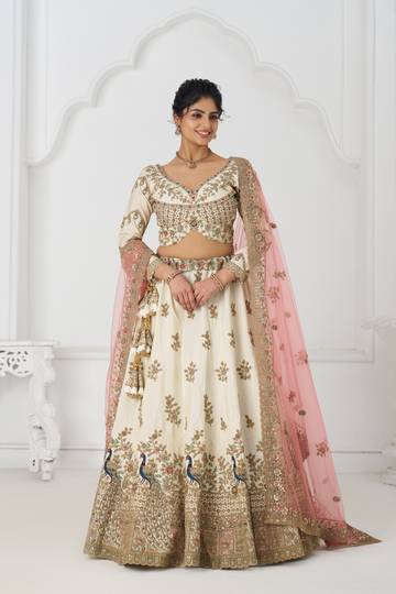 White Embroidered Zari Silk Designer Bridal Lehenga