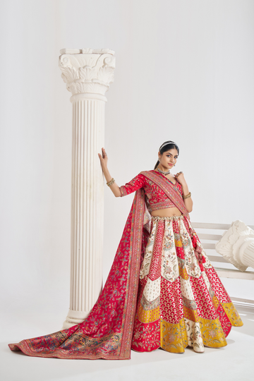 Multicolor Banarsi Mosaic Bridal Lehenga with Scalloped Design
