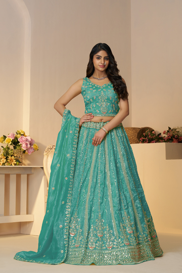 Sky Blue Silk Bridal Lehenga with Intricate Paisley Motifs and Embroidery