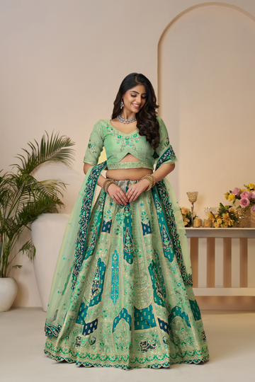 Rajsi Haathi Collection: Green Peacock-Embroidered Bridal Lehenga