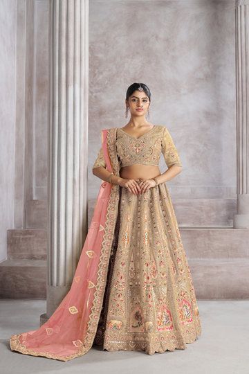 Trending Reception Wear Champagne/Chiku Color Lehenga with Patch Work