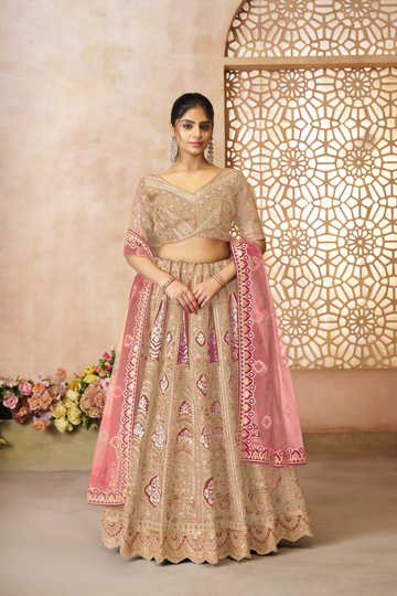Champagne Chiku Aari Embroidered Banarasi Lehenga