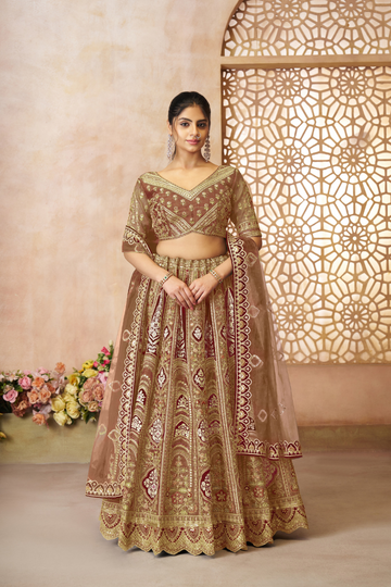 Mocha/Coffee Color Aari Embroidered Banarasi Lehenga for Brides