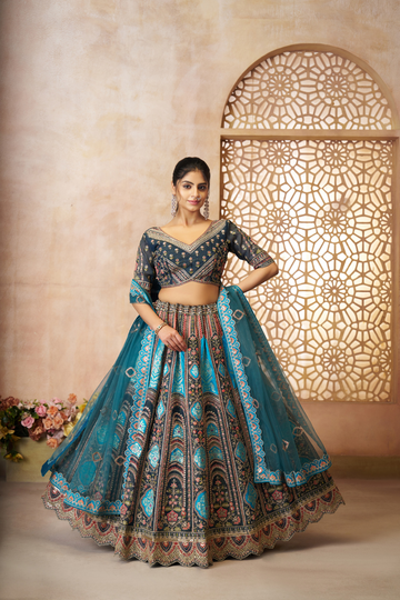 Blue Aari Embroidered Banarasi Lehenga for Brides