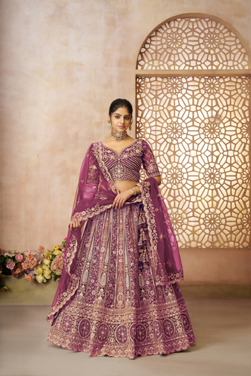 Royal Grandeur Purple Soft Net Bridal Lehenga with Paisley & Peacock Motifs