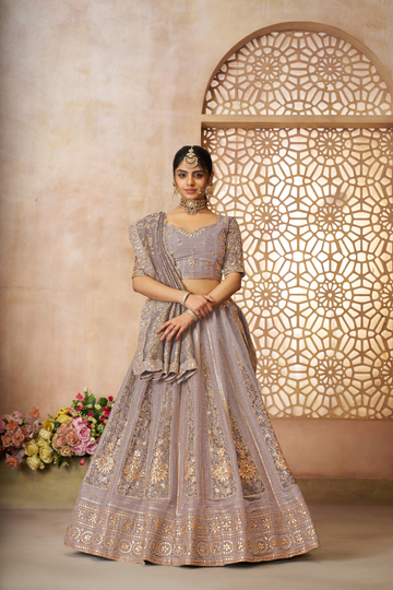 Onion Brocade Bridal Lehenga with Banarasi Patches and Zari Panel Work