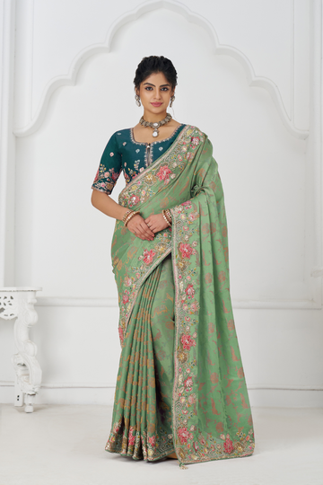 Grace in Green: Multi-Thread Embroidered Saree with Floral Elegance