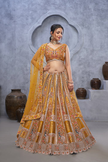 The Bagh Collection: Mustard Bridal Lehenga with Peacock Embroidery