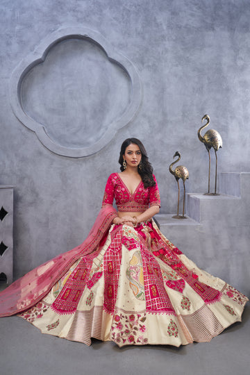 Regal Elegance: Red and White Raw Silk Lehenga with Paisley Motifs and Sheer Pink Dupatta