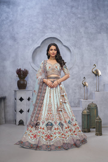 Stunning Sky Blue Lehenga with Zari Paisley Embroidery, Silk Patches, and Peacock Motifs