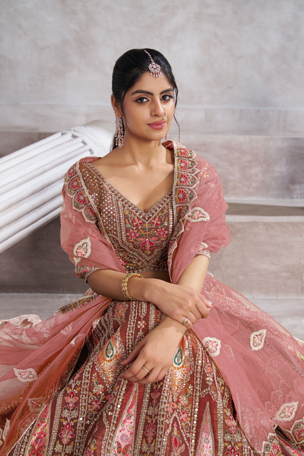 Trending Mocha Aari Work Banarasi Semi-Bridal Lehenga Choli