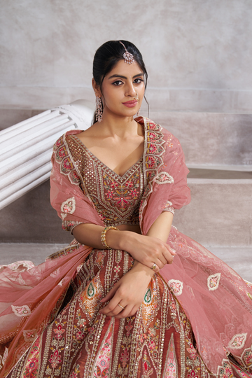 Trending Mocha Aari Work Banarasi Semi-Bridal Lehenga Choli