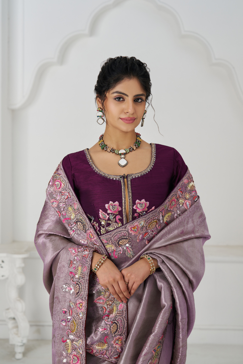 Stunning Mauve Color Saree With Multi-thread And Sequins Embroidery