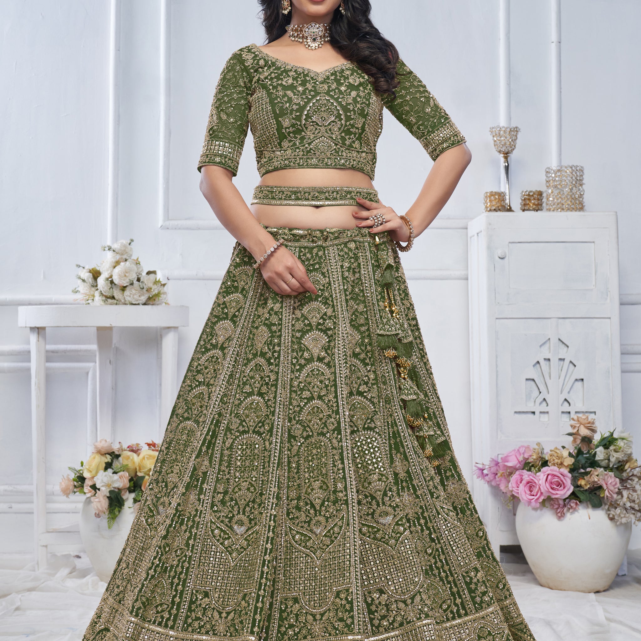 Peacock Green Embroidered Bridal lehenga