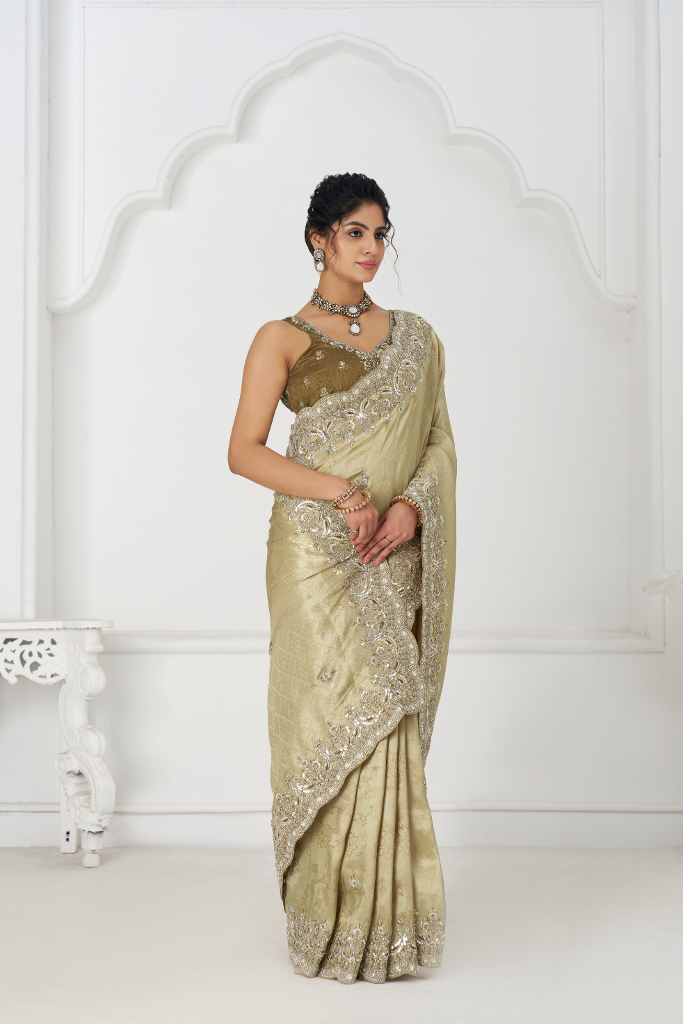 Champagne Color Pure Dola Silk Saree With Sequins And Beads Embroidery For Wedding
