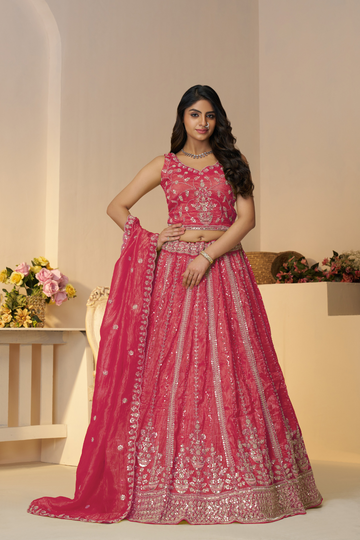 Pretty Pink Silk intricate paisley Motifs traditional embroidered  wedding Lehenga.