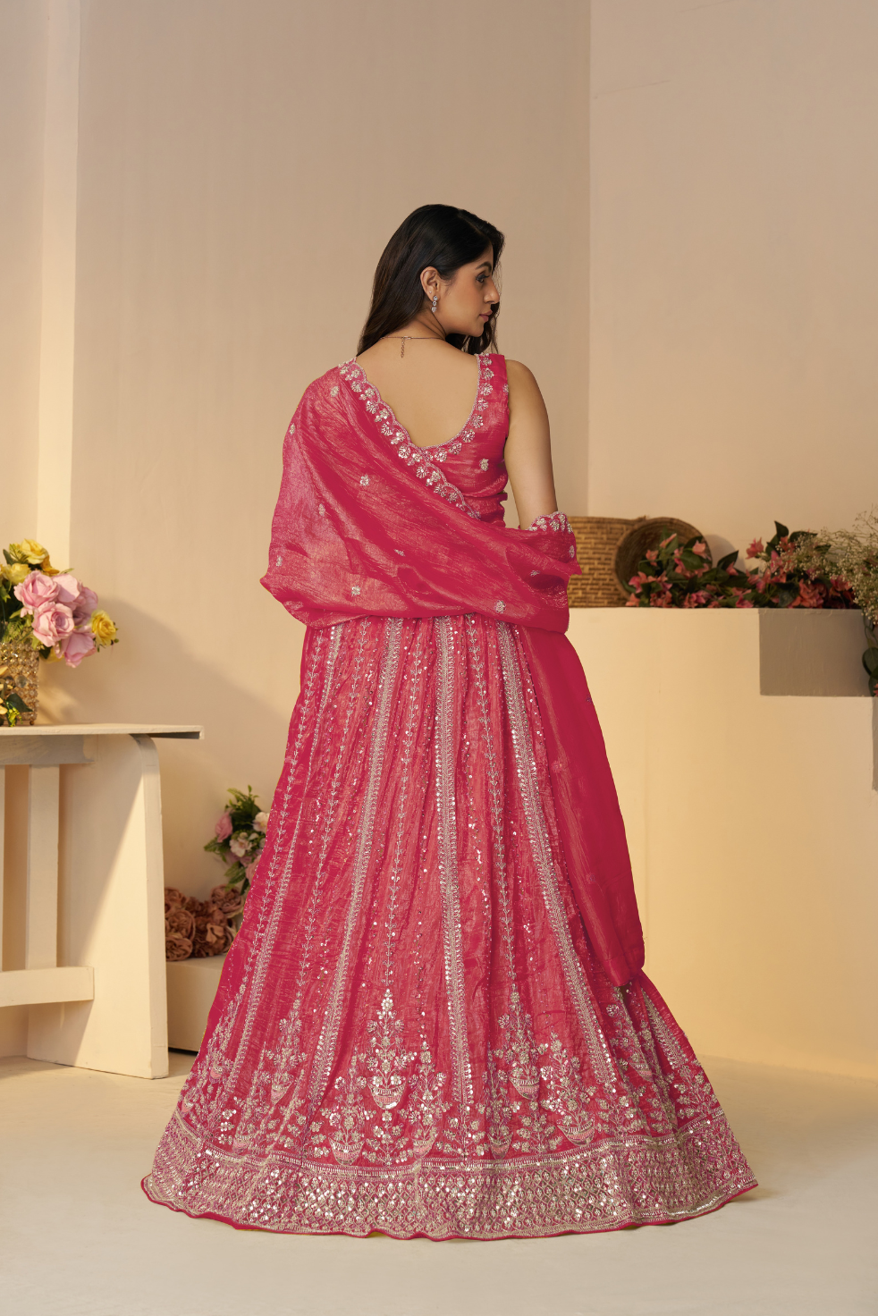 Pretty Pink Silk intricate paisley Motifs traditional embroidered  wedding Lehenga.