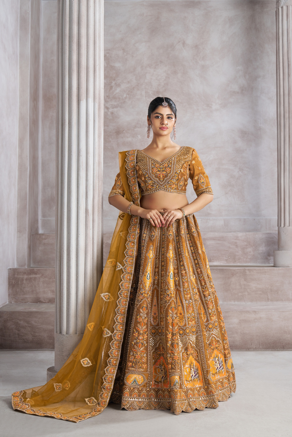 Earthy Mustard Bridal Lehenga with Patch & Aari Work