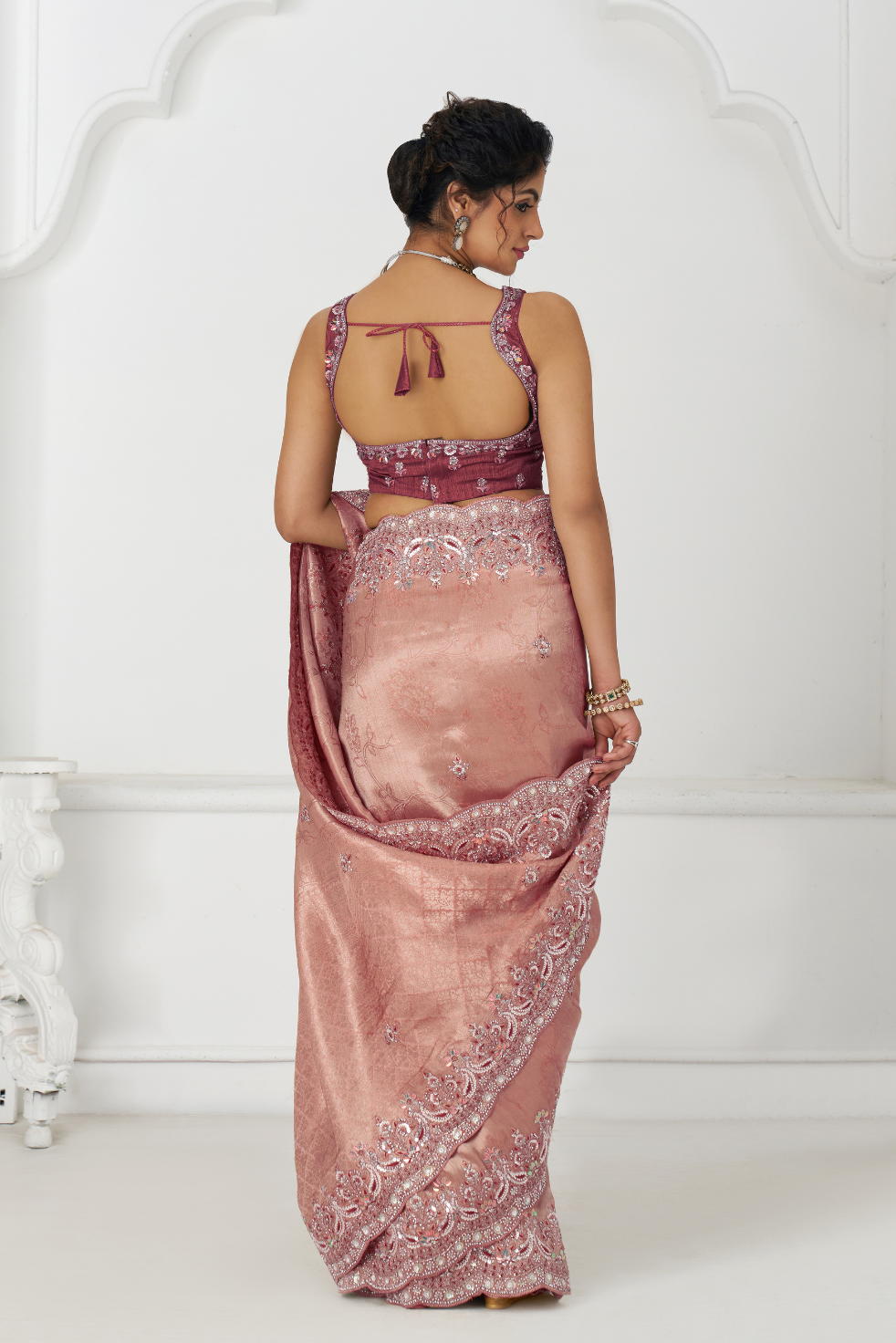 Latest Pink Pure Dola Silk Saree With Sequins And Beads Embroidery For Brides