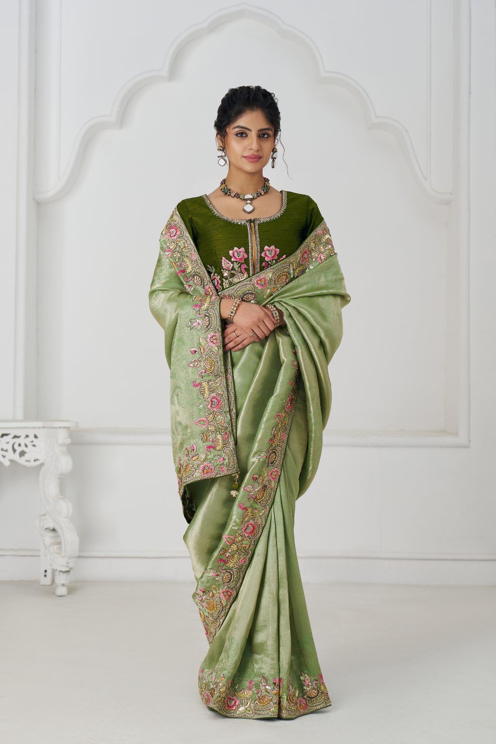 Mehendi Color Saree With Multi-thread And Sequins Embroidery For Wedding