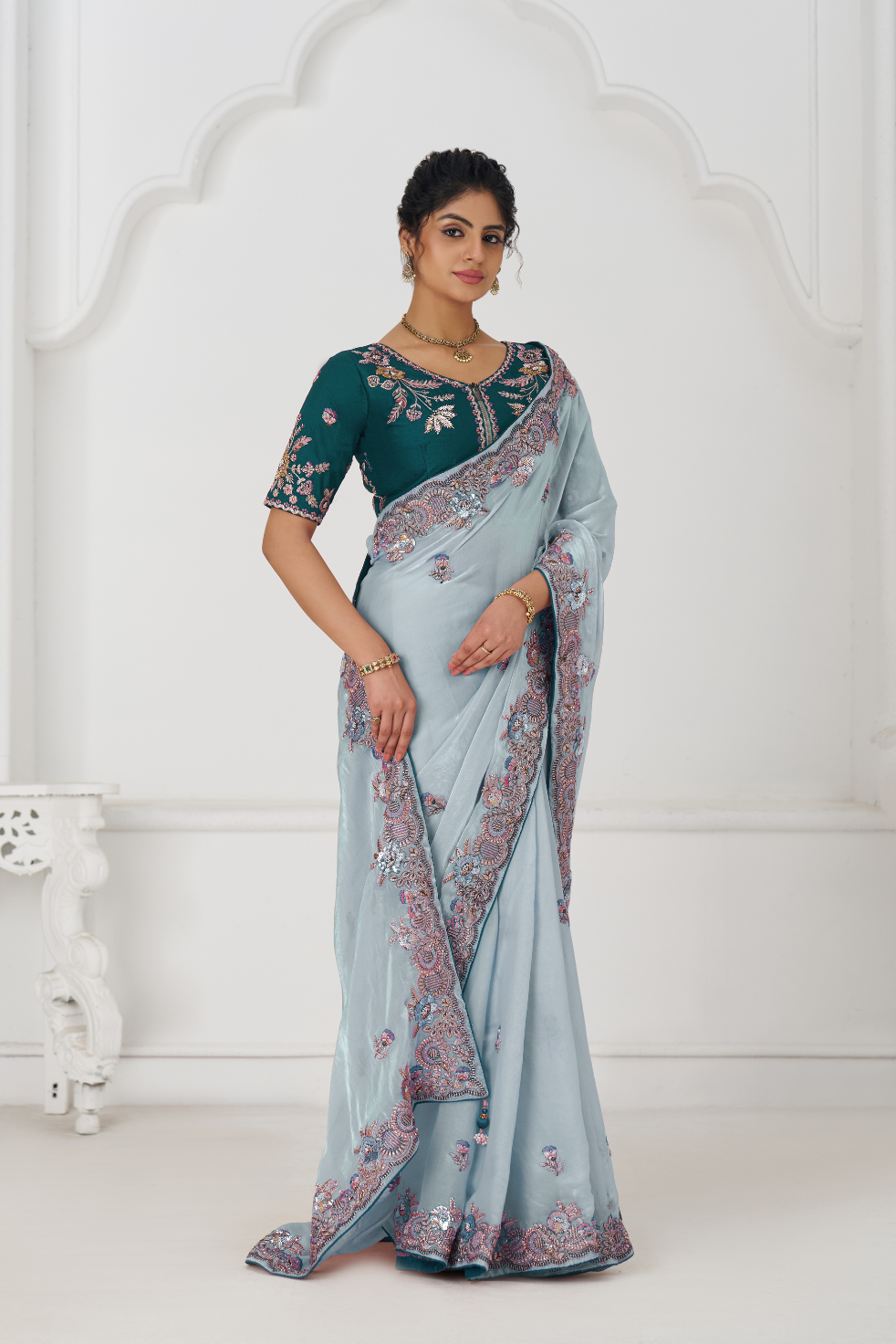 Graceful Grey In Rich Silk Fendi Saree With Zari And Sparkling Sequins