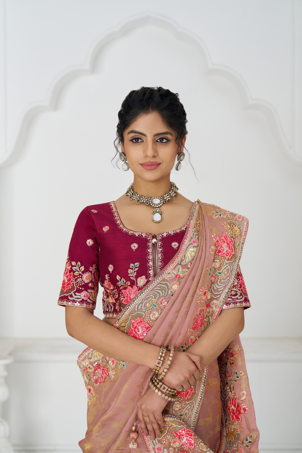 Blushing Mauve: Multi-Thread Embroidered Saree with Floral Elegance