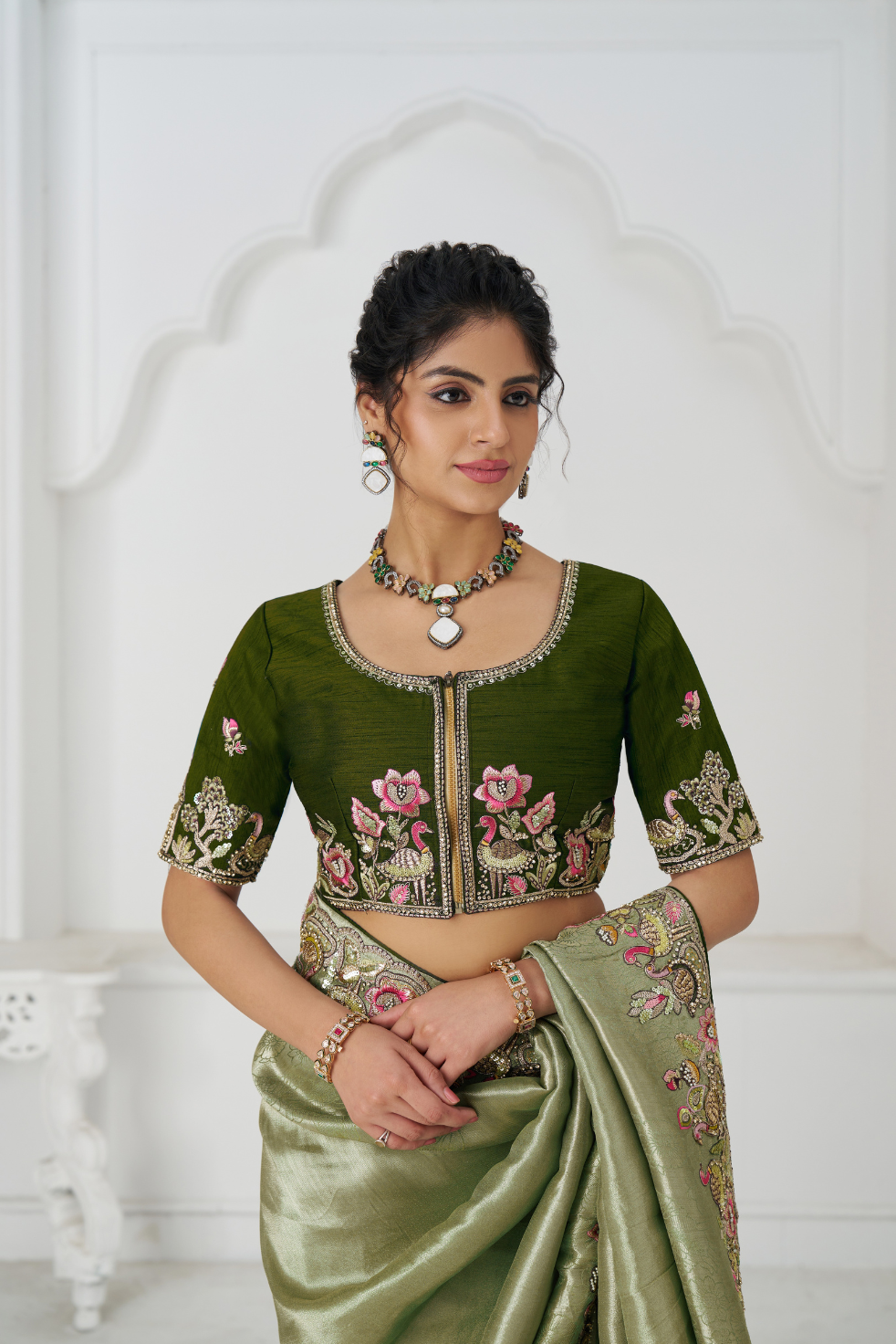 Mehendi Color Saree With Multi-thread And Sequins Embroidery For Wedding