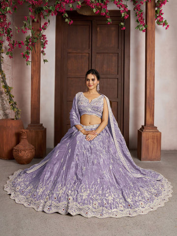 Luxurious Purple Banarasi Tissue Lehenga Adorned with Bead Embellishments