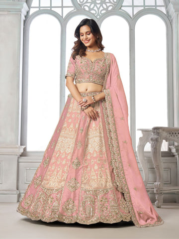 Designer Pink Raw Silk Lehenga with Intricate Embroidered Detailing