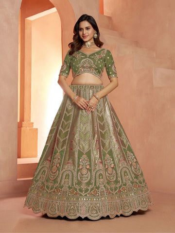 Green Banarasi Silk Festive Lehenga with Floral Pastel Shades