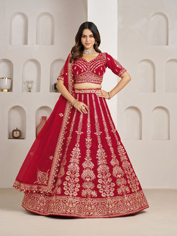 Red Wedding Lehenga Adorned with Floral Zari Embroidery