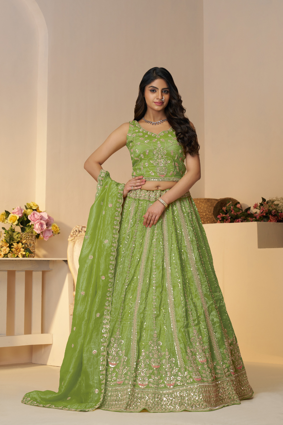 Mehendi Function Lehenga with Sequin and Cut Dana Work for Brides