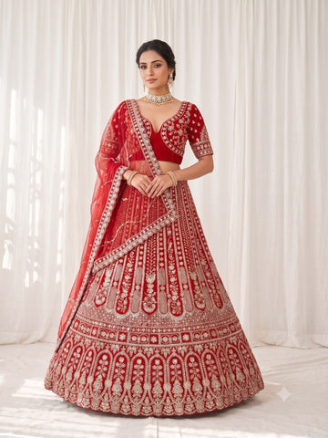 Red Ensemble with Motifs Semi-Stitched Lehenga & Unstitched Blouse With Dupatta