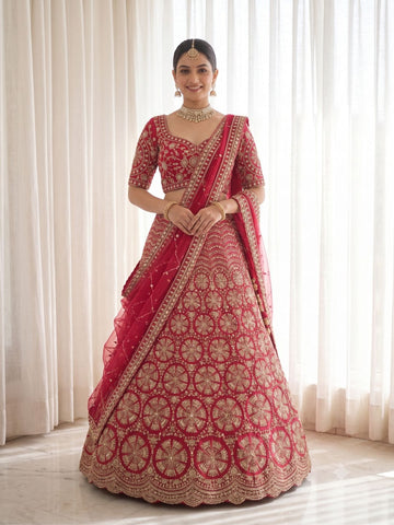 Red Ensemble with Motifs with sequence work Semi-Stitched Lehenga & Unstitched Blouse With Dupatta