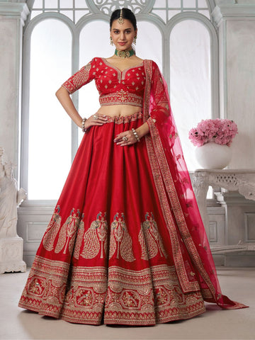 Premium Red Silk Lehenga Set with Peacock-Inspired Craftsmanship
