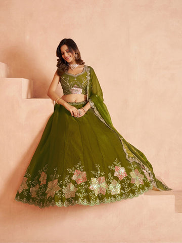 Elegant Floral Green Embroidered Tissue Lehenga Choli Set