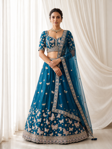 Blue butterfly Embroidered Semi-Stitched Lehenga & Unstitched Blouse With Dupatta