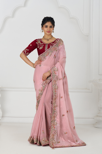 Pretty Pink color stunning Fendi Silk Saree with Zari & Sequins Elegance