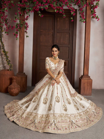 Luxurious White Lehenga with Elegant Thread & Peacock Design