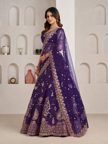 Luxurious Purple Lehenga Featuring Intricate Floral and Bird Designs