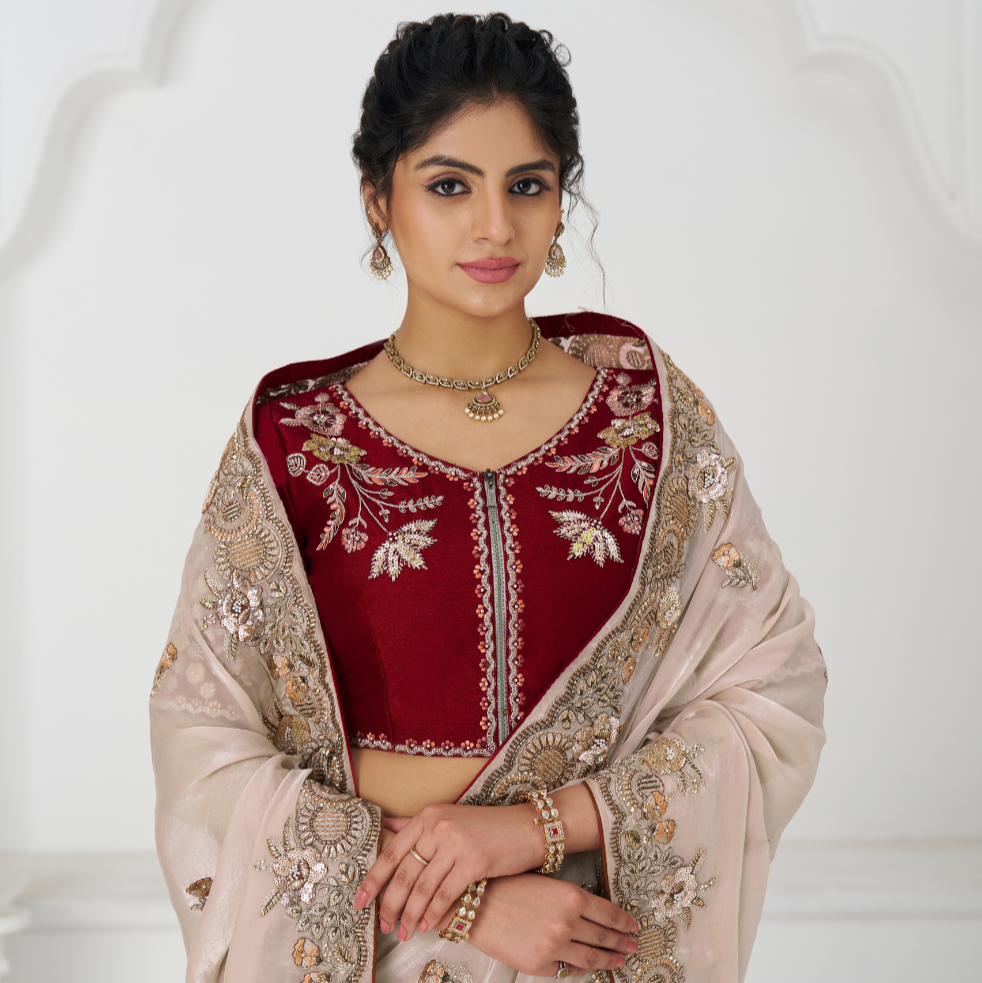 Chiku Color Stunning Fendi Silk Saree With Zari & Sequins Elegance