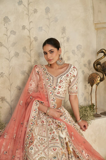 Premium Ivory Embroidered Lehenga - Kesar Fab