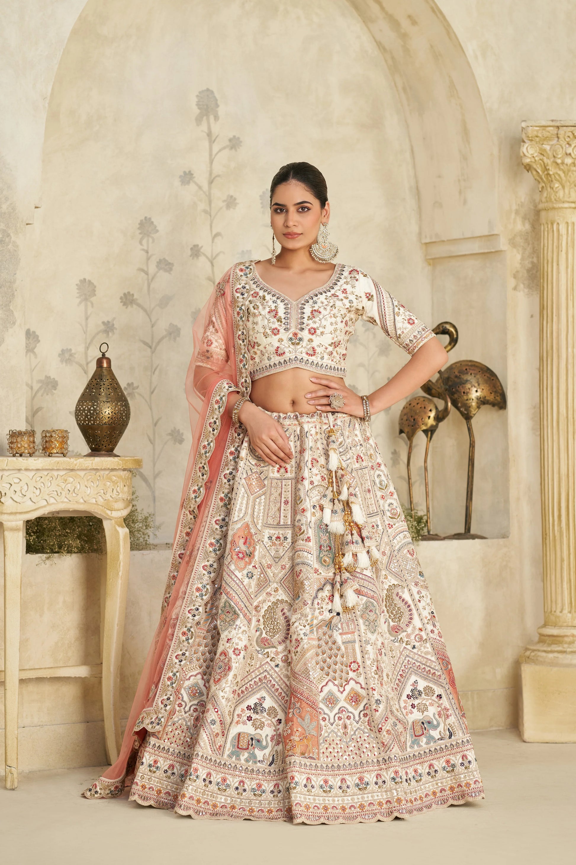Premium Ivory Embroidered Lehenga - Kesar Fab