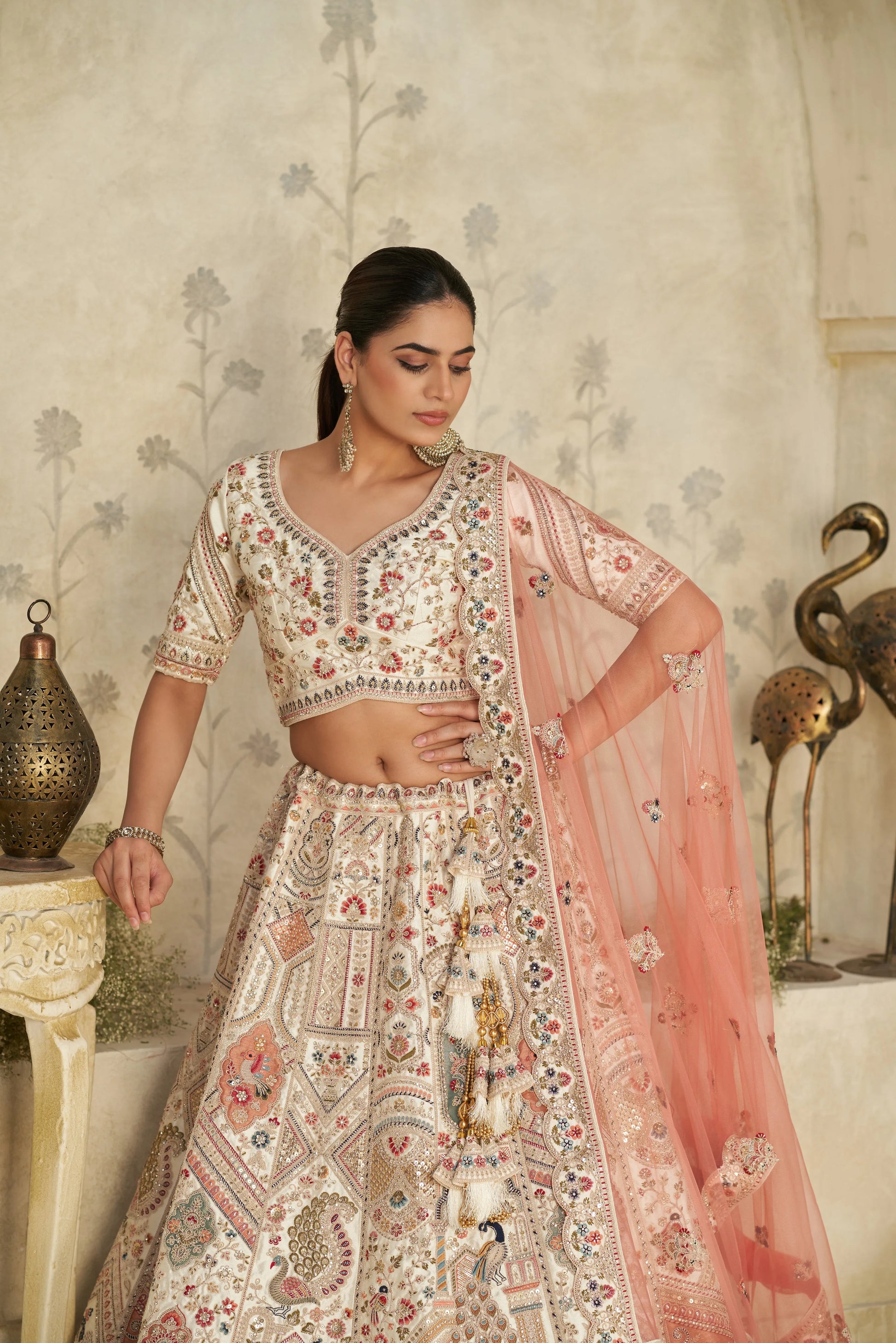 Premium Ivory Embroidered Lehenga - Kesar Fab